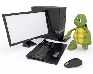 3D render of a tortoise with a computer